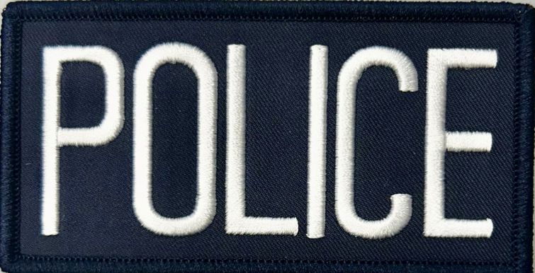 POLICE ID PATCH - 4"W X 2"T - WHITE ON NAVY- VELCRO.